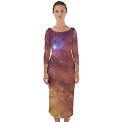 Cosmic Astronomy Sky With Stars Orange Brown And Yellow Quarter Sleeve Midi Bodycon Dress by genx