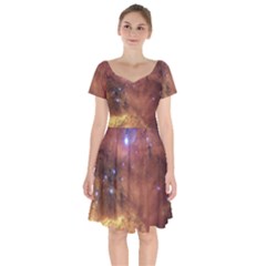 Cosmic Astronomy Sky With Stars Orange Brown And Yellow Short Sleeve Bardot Dress by genx