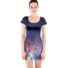 Lagoon Nebula Interstellar Cloud Pastel Pink, Turquoise And Yellow Stars Short Sleeve Bodycon Dress