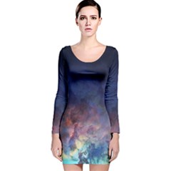 Lagoon Nebula Interstellar Cloud Pastel pink, turquoise and yellow stars Long Sleeve Velvet Bodycon Dress