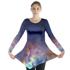 Lagoon Nebula Interstellar Cloud Pastel Pink, Turquoise And Yellow Stars Long Sleeve Tunic  by genx