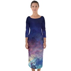 Lagoon Nebula Interstellar Cloud Pastel Pink, Turquoise And Yellow Stars Quarter Sleeve Midi Bodycon Dress