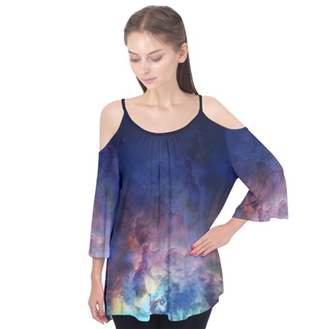 Lagoon Nebula Interstellar Cloud Pastel Pink, Turquoise And Yellow Stars Flutter Tees by genx