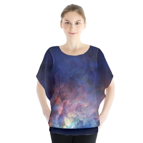 Lagoon Nebula Interstellar Cloud Pastel Pink, Turquoise And Yellow Stars Batwing Chiffon Blouse by genx