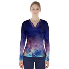 Lagoon Nebula Interstellar Cloud Pastel Pink, Turquoise And Yellow Stars V-neck Long Sleeve Top