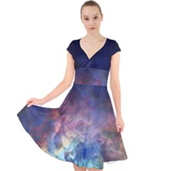 Lagoon Nebula Interstellar Cloud Pastel Pink, Turquoise And Yellow Stars Cap Sleeve Front Wrap Midi Dress