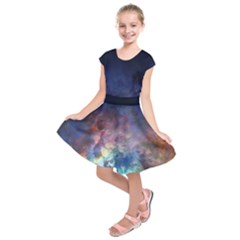 Lagoon Nebula Interstellar Cloud Pastel Pink, Turquoise And Yellow Stars Kids  Short Sleeve Dress