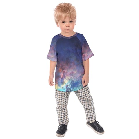 Lagoon Nebula Interstellar Cloud Pastel Pink, Turquoise And Yellow Stars Kids Raglan Tee by genx