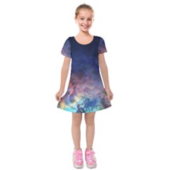 Lagoon Nebula Interstellar Cloud Pastel Pink, Turquoise And Yellow Stars Kids  Short Sleeve Velvet Dress