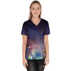 Lagoon Nebula Interstellar Cloud Pastel Pink, Turquoise And Yellow Stars Women s V-neck Scrub Top by genx