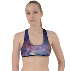 Lagoon Nebula Interstellar Cloud Pastel pink, turquoise and yellow stars Criss Cross Racerback Sports Bra