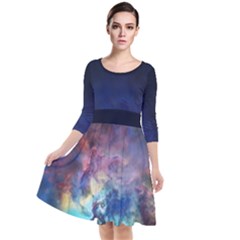 Lagoon Nebula Interstellar Cloud Pastel pink, turquoise and yellow stars Quarter Sleeve Waist Band Dress