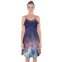 Lagoon Nebula Interstellar Cloud Pastel pink, turquoise and yellow stars Ruffle Detail Chiffon Dress