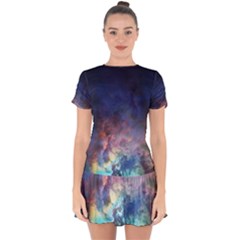 Lagoon Nebula Interstellar Cloud Pastel Pink, Turquoise And Yellow Stars Drop Hem Mini Chiffon Dress by genx