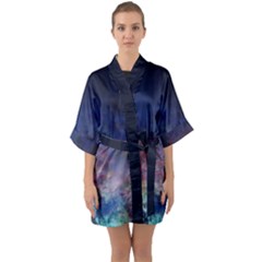 Lagoon Nebula Interstellar Cloud Pastel Pink, Turquoise And Yellow Stars Quarter Sleeve Kimono Robe