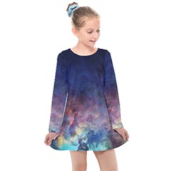 Lagoon Nebula Interstellar Cloud Pastel Pink, Turquoise And Yellow Stars Kids  Long Sleeve Dress