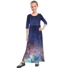 Lagoon Nebula Interstellar Cloud Pastel pink, turquoise and yellow stars Kids  Quarter Sleeve Maxi Dress