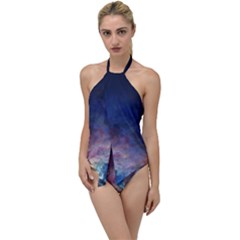 Lagoon Nebula Interstellar Cloud Pastel Pink, Turquoise And Yellow Stars Go With The Flow One Piece Swimsuit