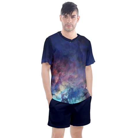 Lagoon Nebula Interstellar Cloud Pastel Pink, Turquoise And Yellow Stars Men s Mesh Tee And Shorts Set by genx