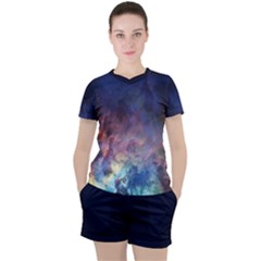 Lagoon Nebula Interstellar Cloud Pastel Pink, Turquoise And Yellow Stars Women s Tee And Shorts Set