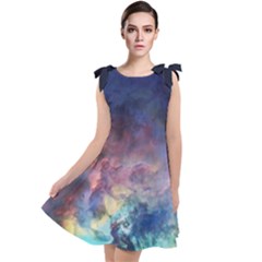 Lagoon Nebula Interstellar Cloud Pastel Pink, Turquoise And Yellow Stars Tie Up Tunic Dress by genx