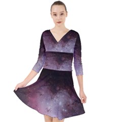 Eagle Nebula Wine Pink And Purple Pastel Stars Astronomy Quarter Sleeve Front Wrap Dress