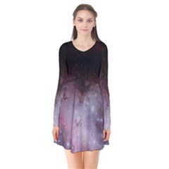 Eagle Nebula Wine Pink And Purple Pastel Stars Astronomy Long Sleeve V-neck Flare Dress by genx