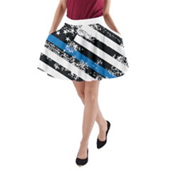 Usa Flag The Thin Blue Line I Back The Blue Usa Flag Grunge On White Background A-line Pocket Skirt by snek