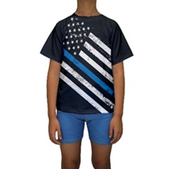 Usa Flag The Thin Blue Line I Back The Blue Usa Flag Grunge On Black Background Kids  Short Sleeve Swimwear by snek