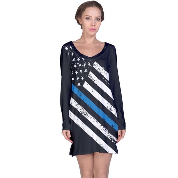 USA Flag The thin blue line I back the blue USA Flag Grunge on black background Long Sleeve Nightdress