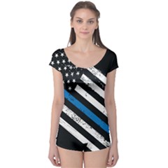 Usa Flag The Thin Blue Line I Back The Blue Usa Flag Grunge On Black Background Boyleg Leotard  by snek