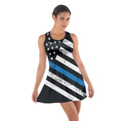 Usa Flag The Thin Blue Line I Back The Blue Usa Flag Grunge On Black Background Cotton Racerback Dress by snek