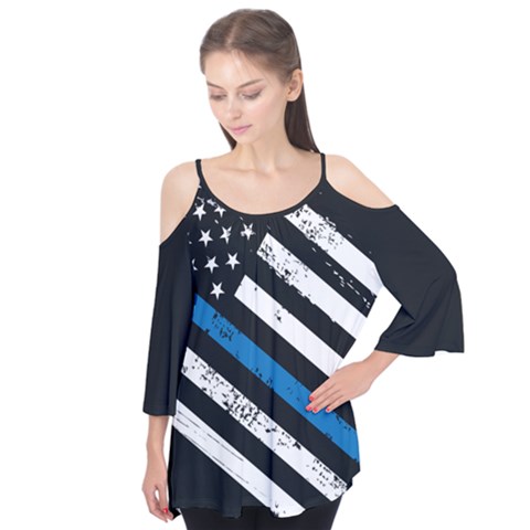 Usa Flag The Thin Blue Line I Back The Blue Usa Flag Grunge On Black Background Flutter Tees by snek