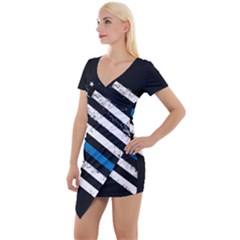 Usa Flag The Thin Blue Line I Back The Blue Usa Flag Grunge On Black Background Short Sleeve Asymmetric Mini Dress