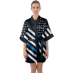 Usa Flag The Thin Blue Line I Back The Blue Usa Flag Grunge On Black Background Quarter Sleeve Kimono Robe by snek