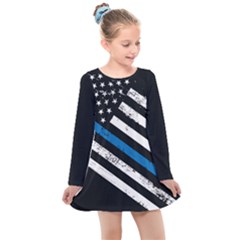 Usa Flag The Thin Blue Line I Back The Blue Usa Flag Grunge On Black Background Kids  Long Sleeve Dress by snek