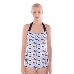 Tape Cassette 80s Retro Genx Pattern Black And White Boyleg Halter Swimsuit  by genx