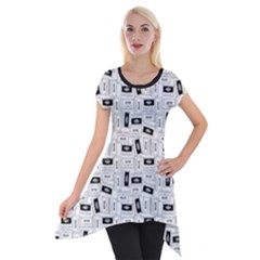 Tape Cassette 80s Retro Genx Pattern Black And White Short Sleeve Side Drop Tunic by genx