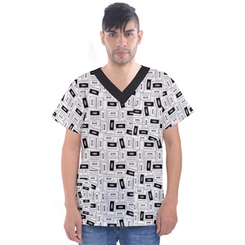 Tape Cassette 80s Retro Genx Pattern Black And White Men s V-neck Scrub Top by genx