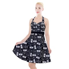 Tape Cassette 80s Retro Genx Pattern Black And White Halter Party Swing Dress  by genx