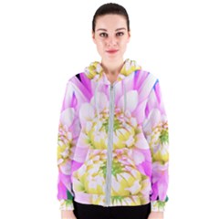 Pretty Pink, White And Yellow Cactus Dahlia Macro Women s Zipper Hoodie by myrubiogarden