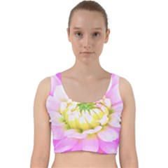 Pretty Pink, White And Yellow Cactus Dahlia Macro Velvet Racer Back Crop Top by myrubiogarden