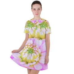 Pretty Pink, White And Yellow Cactus Dahlia Macro Short Sleeve Shoulder Cut Out Dress  by myrubiogarden