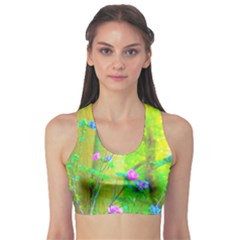 Hot Pink Abstract Rose Of Sharon On Bright Yellow Sports Bra by myrubiogarden