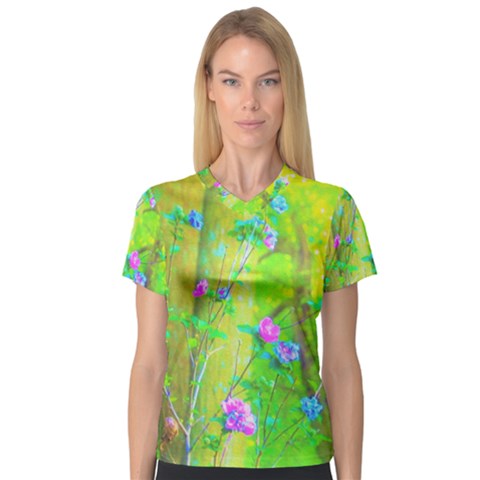 Hot Pink Abstract Rose Of Sharon On Bright Yellow V-neck Sport Mesh Tee by myrubiogarden