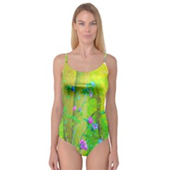 Hot Pink Abstract Rose Of Sharon On Bright Yellow Camisole Leotard 