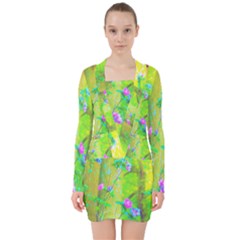 Hot Pink Abstract Rose Of Sharon On Bright Yellow V-neck Bodycon Long Sleeve Dress by myrubiogarden