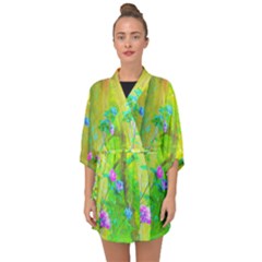 Hot Pink Abstract Rose Of Sharon On Bright Yellow Half Sleeve Chiffon Kimono