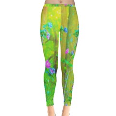 Hot Pink Abstract Rose Of Sharon On Bright Yellow Inside Out Leggings by myrubiogarden