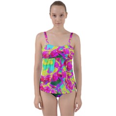 Psychedelic Succulent Sedum Turquoise And Yellow Twist Front Tankini Set